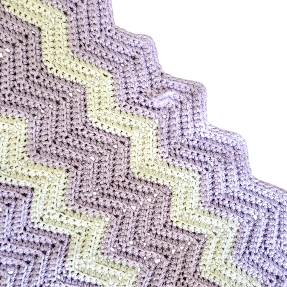 Handmade Crochet Lilac Purple And White Chevron Baby Blanket Throw 30"x45" - Image 3 of 4