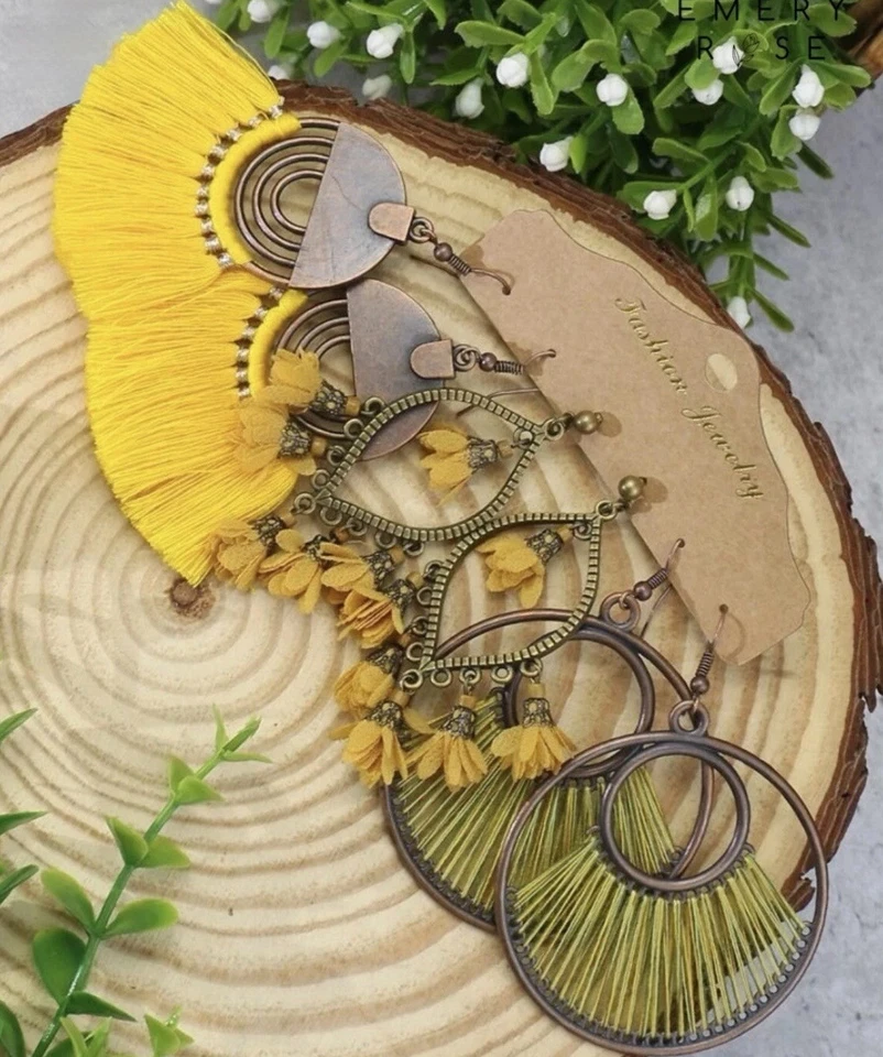 3-Pair Boho Earrings Set 🌼 Yellow Tassel & Beaded Dangles – Nickel-Free Jewelry - Image 3 of 4