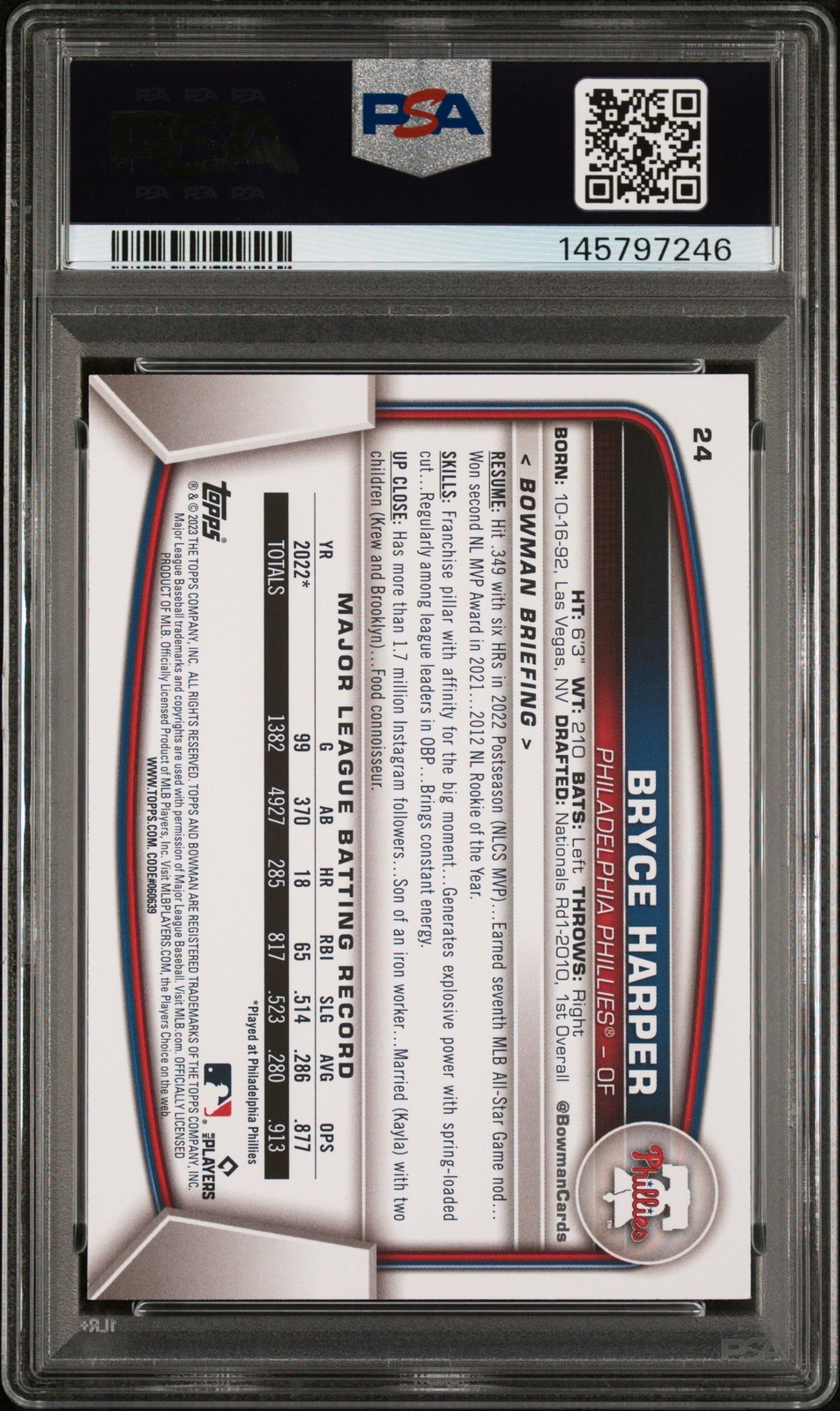 2023 Bowman #24 Bryce Harper Sky Blue PSA 9 #/499 view 2