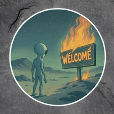 Alien Welcome sticker vinyl decal burning sign space desert invasion funny ufo