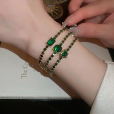 Women Emerald Green Heart Geometric Square Zircon Tennis Chain Bracelet