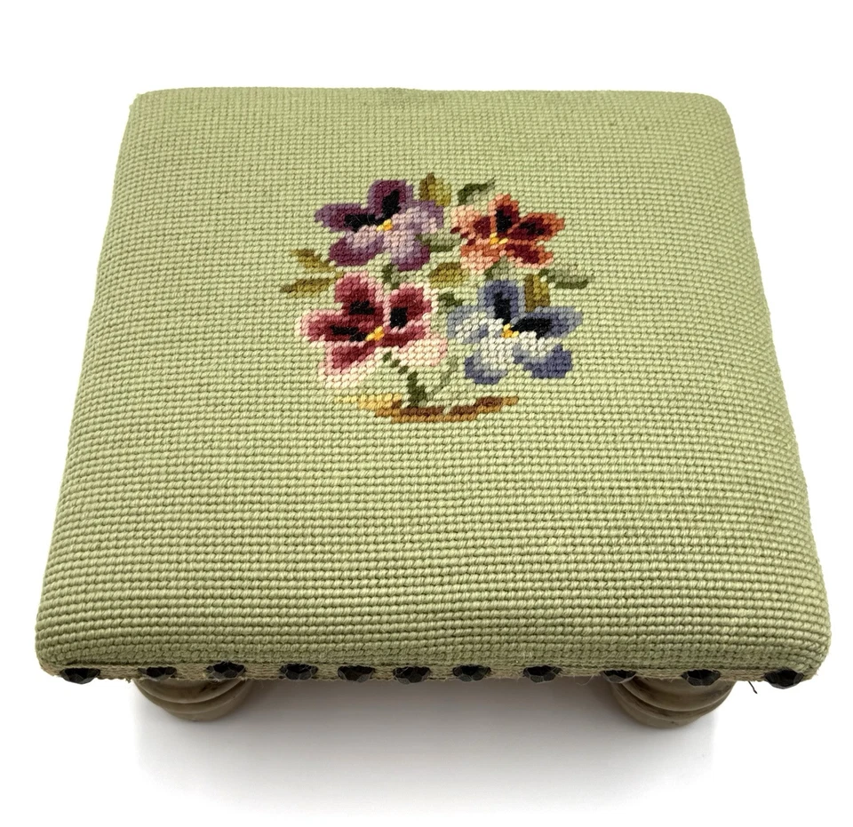 Vintage Needlepoint Floral Wood Footstool Ottoman 9”x9”x 4” - Image 3 of 4