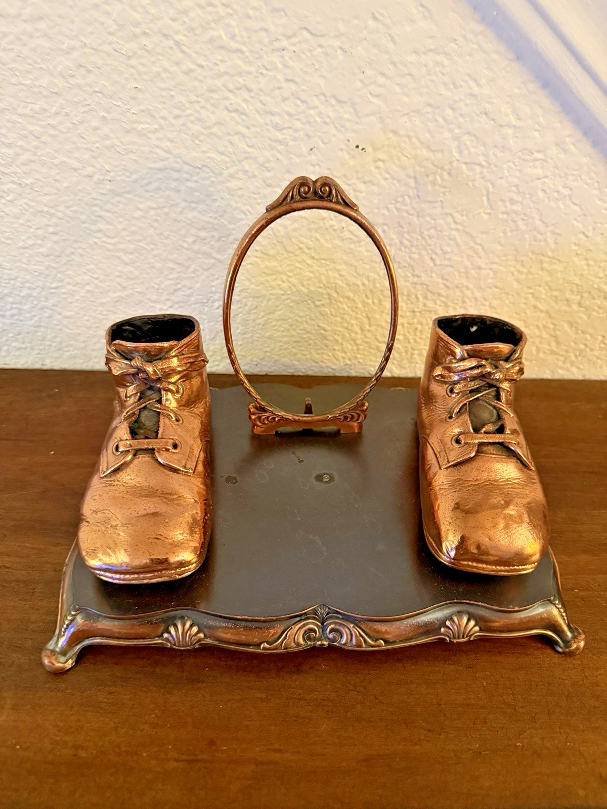 Vintage 1950s Bronzed Baby Shoe Picture Frame on Ornate Base &ndash; Keepsake Display