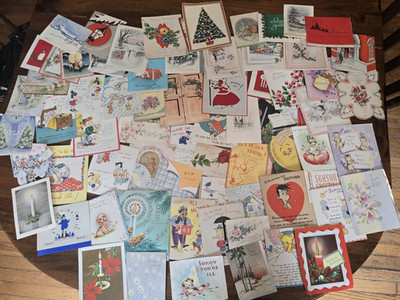 Vintage Lot of 70 1940s Greeting Cards Get well Christmas + Scrap some cut Used