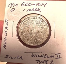 1910D Silver Germany 1 Mark, Munich Mint, Wilhelm II, Type 2