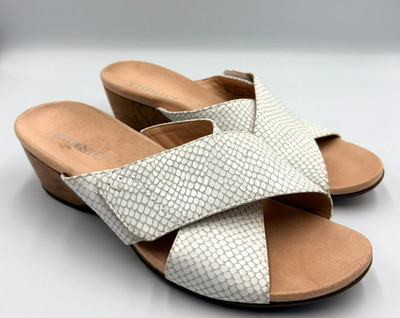 Vionic White Lizard Comfort Leather Leticia Cork wedge Slide Sandals SZ 8.5