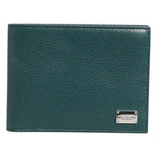 DOLCE & GABBANA Wallet Green Leather DG Logo Plaque Bifold Men Card Holder $340