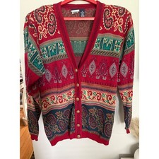 VTG Liz sport Cardigan Sweater Medium Red Green Paisley Print Long Sleeve Knit