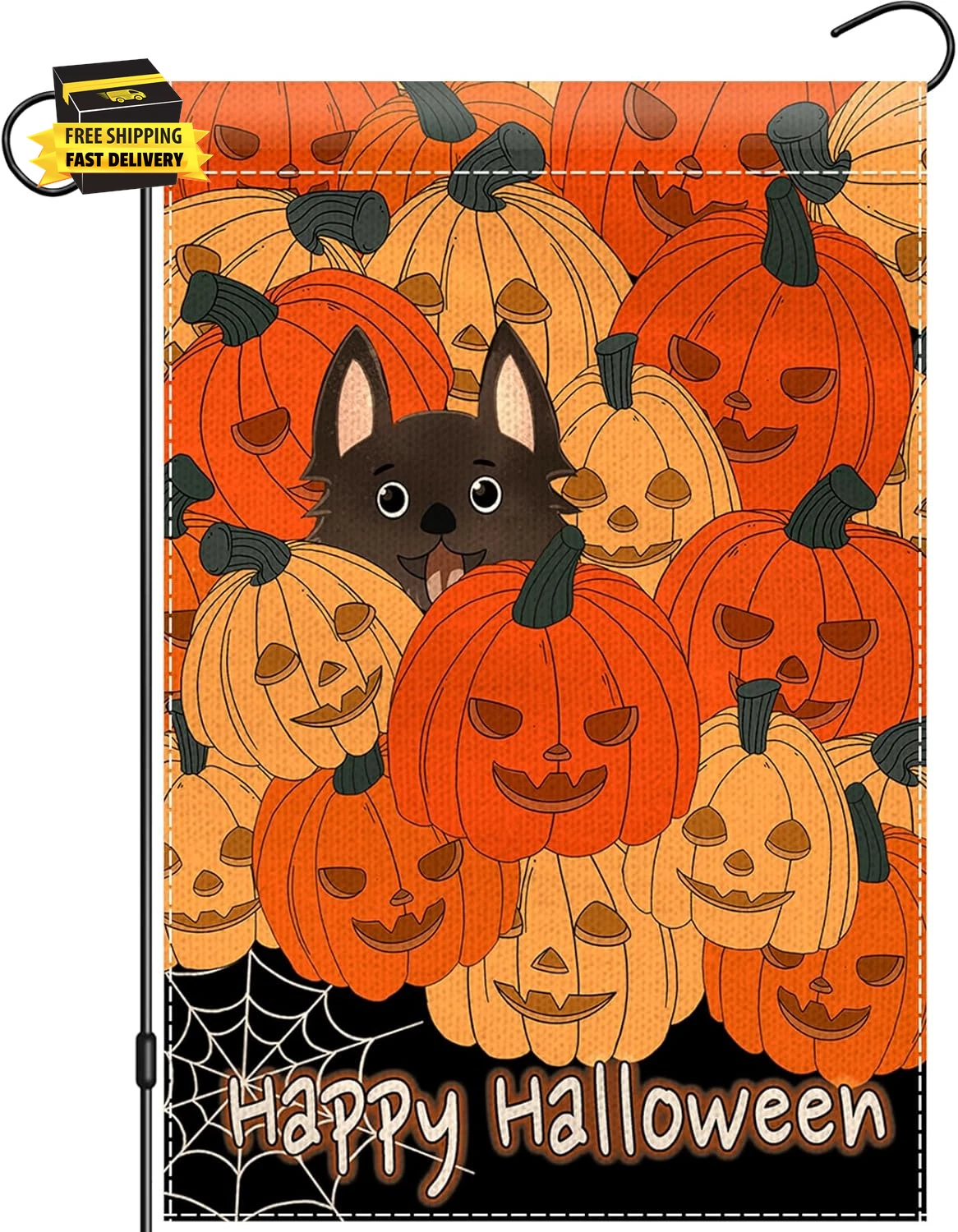 Happy Halloween Garden Flag 12X18 Inch Double Sided Outside, Pumpkin Black Cat Y