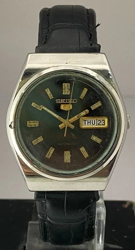 Vintage Formal Automatic Seiko5 Black Dial 6309 with "D/D" Watch Leather Strap