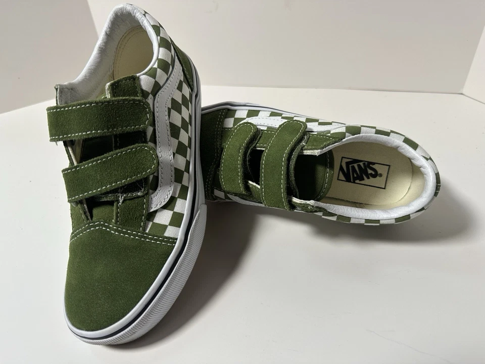 Vans Old Skool V Blanco/Verde Cuadros Niños Zapatos Jóvenes Zapatillas de Skate Foto 3 de 4