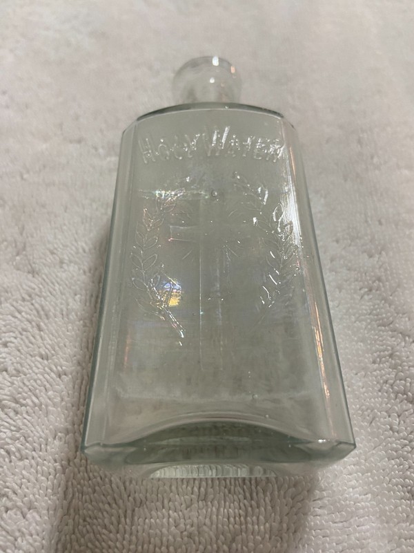 Vintage 5" Embossed Cross & Leaves Holy Water Clear Glass Bottle B 804