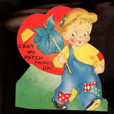 Vintage Valentine-1944-patch things up-hobo boy