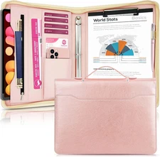 Faux Leather Portfolio Binder with Handle & Clipboard, Zippered Padfolio Folder
