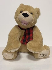 F.A.O. Schwarz plush Large Teddy Bear with Winter red & black plaid scarf
