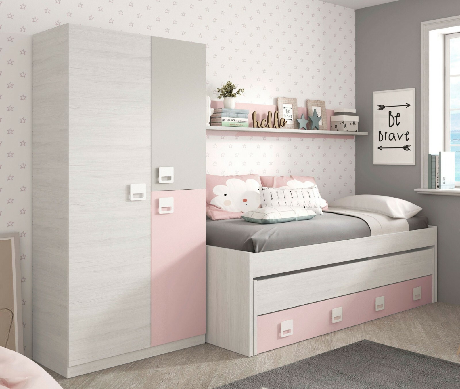 Pack Cama Nido Estante y Armario muebles juvenil color rosa y blanco alpes