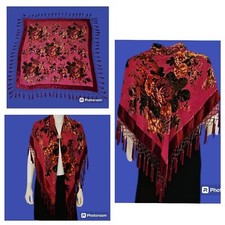 Antique 1920s Floral Velvet Burnout Silk Beaded Fringe Piano Flapper Shawl