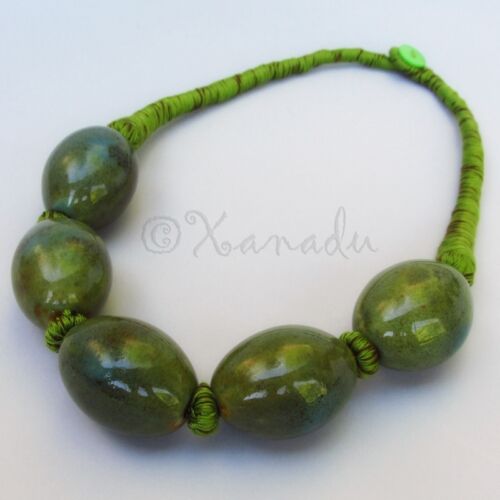 Olive Green Porcelain Necklace With Eclectic Green, Brown Cotton Thread Details - Picture 1 of 7