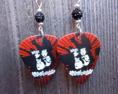 Red and Black Red Hot Chili Peppers Guitar Pick Earrings with Black Pave Beads