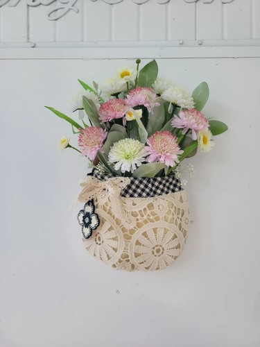 Upcycled Lace Purse, Boho Cottage Core Country Door Wall Floral Decor for Summer - Picture 2 of 8