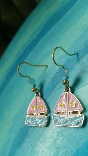 Boat earrings sailing cute pink blue ATLANTIS hand crafted gold - Picture 6 of 8