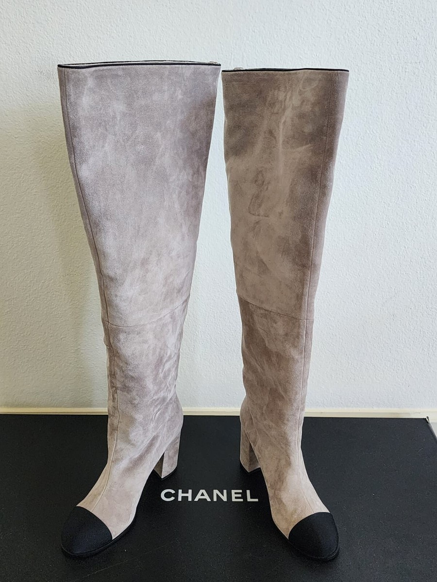 Chanel High Boots - Suede Calfskin & Grosgrain - Light Gray