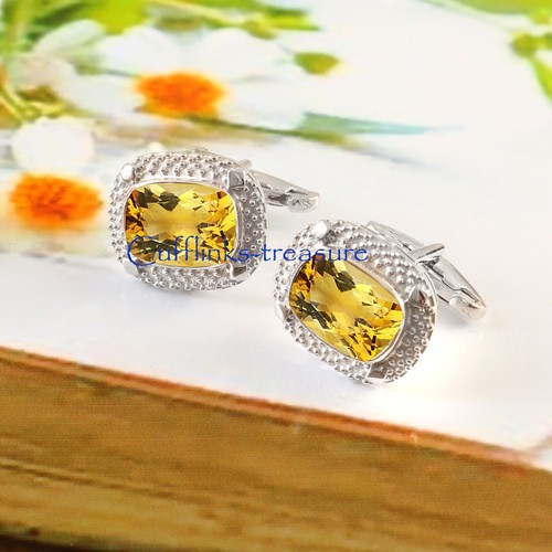 Natural Citrine Gemstones with 925 Sterling Silver Cufflinks For Men's #5232 - Picture 3 of 7