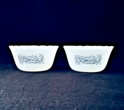 Currier and Ives Milk Glass Blue & White Set of 2 Dessert/Custard Bowls  8oz