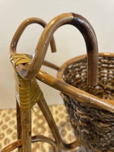 Vintage Bamboo Bike Tricycle Planter Wicker Rattan Plant Flower Basket Boho Chic - Picture 8 of 13