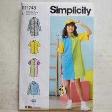 Simplicity R11748 Girls Dress Shirtdress Button Front Hat Youth 7 - 14 UNCUT