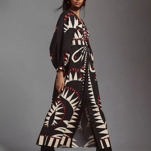 Robe longue imprimée manches longues mode col V robe femme - Photo 3/19