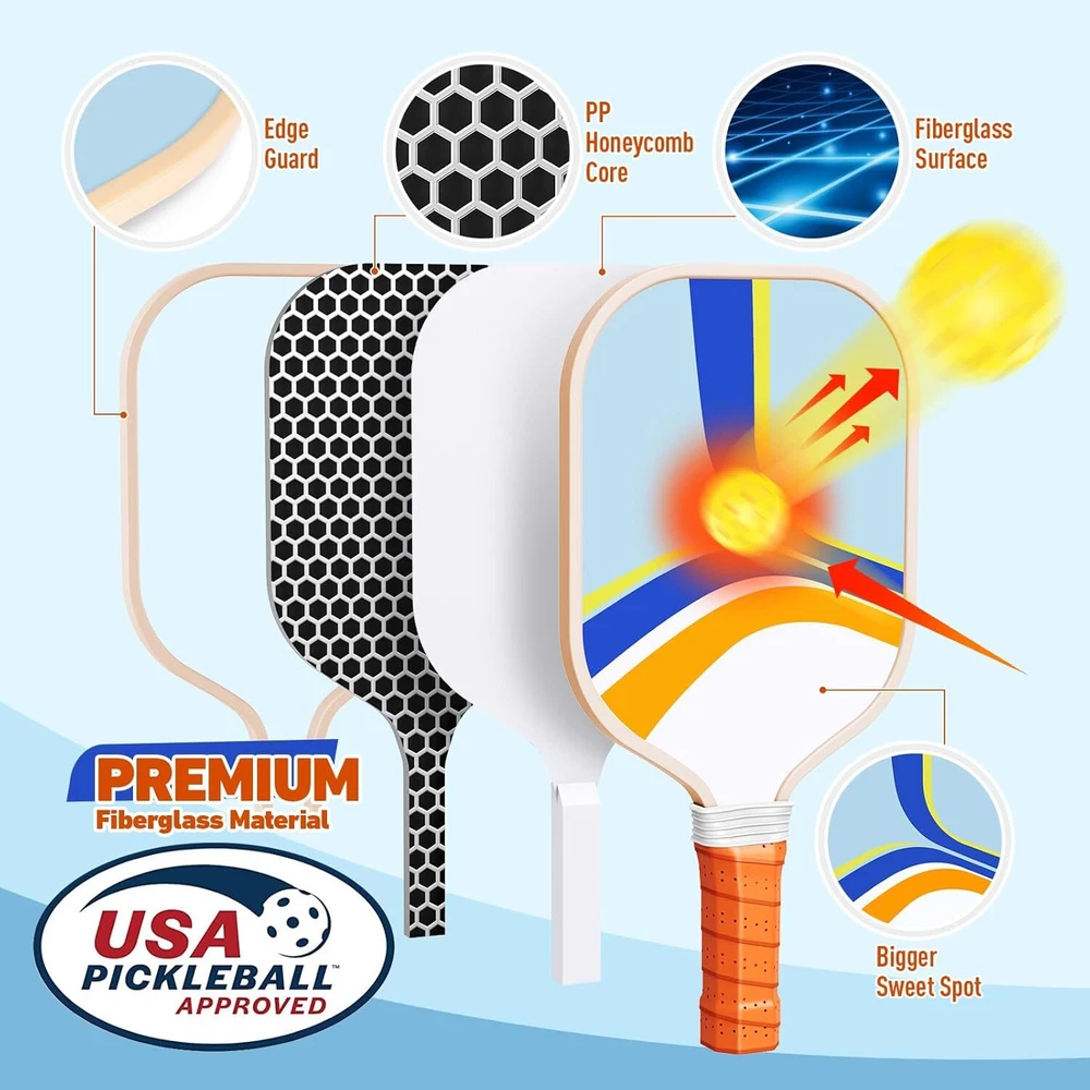 Pickleball 4 Paddles Set, USAPA Approved Fiberglass Surface Pickleball Set