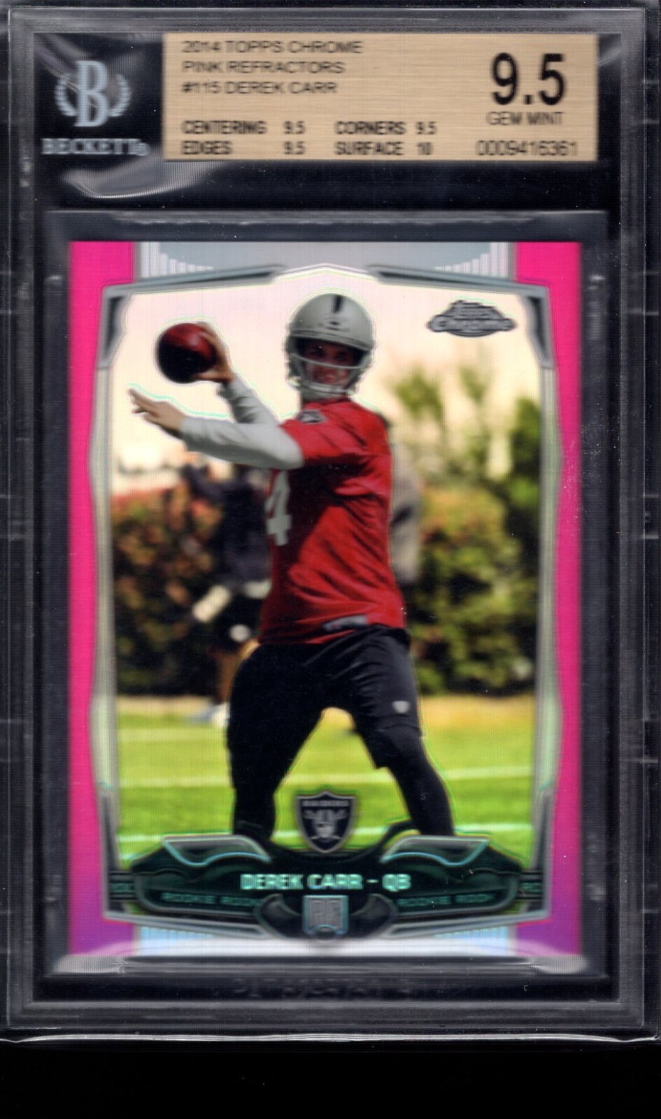 2014 TOPPS CHROME PINK REFRACTOR #115 DEREK CARR RC 42/399 BGS 9.5 RAIDERS