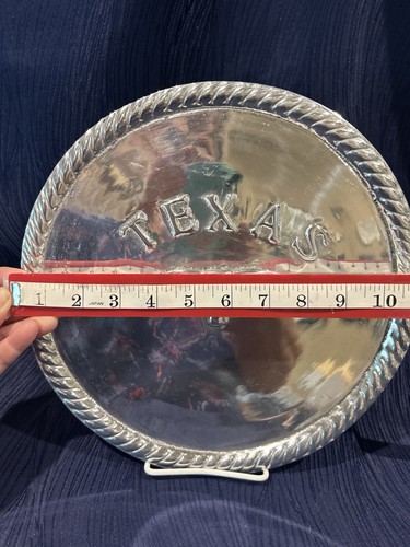 TEXAS LONGHORN Raised SILVER Metal Round 11" Decorative Plate w/ Rope Trim ~ - Picture 5 of 5