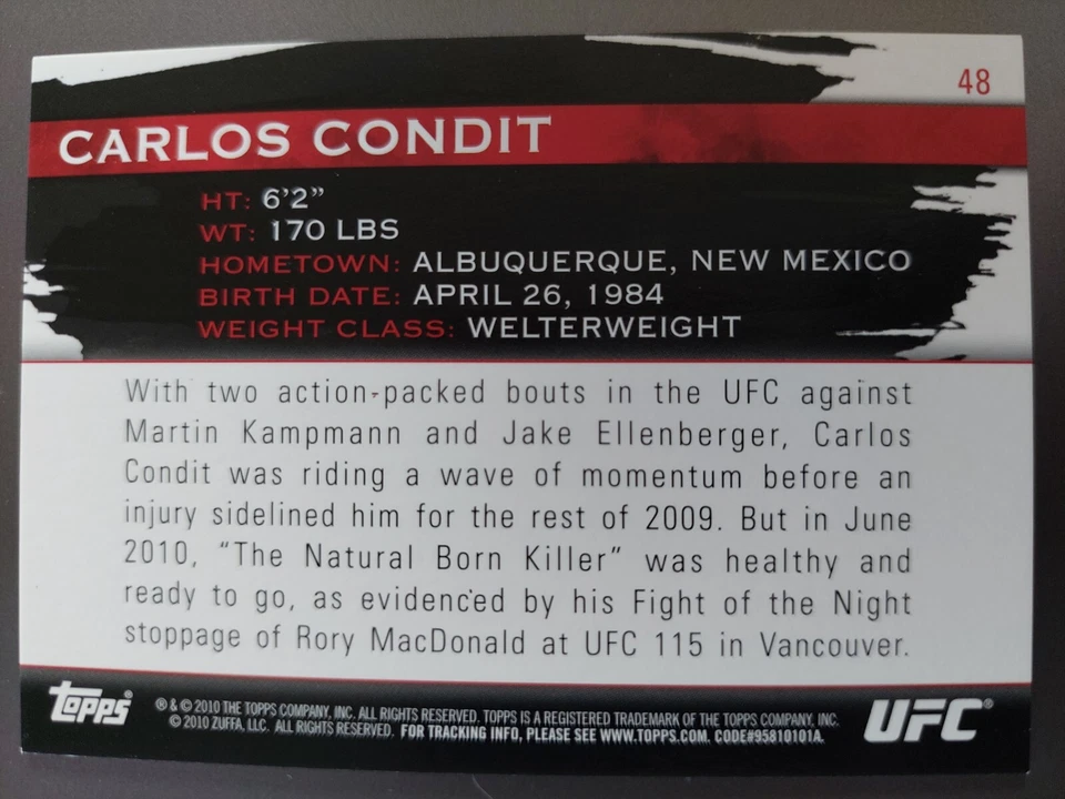 Carlos Condit #48 2010 Topps UFC Knockout Gold #243/288 - Image 2 of 2