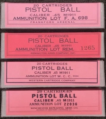 WINCHESTER FA, WRA, WCC, & REM M1911 .45 ACP WWII NEW REPLICA 20 ROUND AMMO BOXES