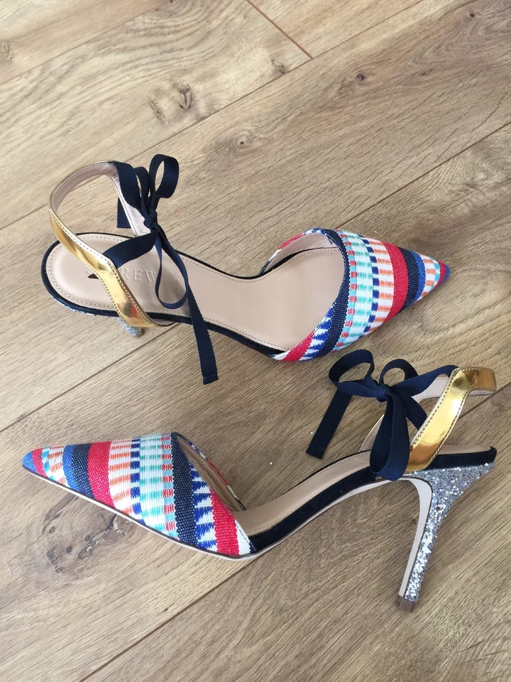 Zapatos de salón JCrew Elsie geométricos al tobillo talla 7 rojo blanco azul marino F1305 nuevos Foto 4 de 4