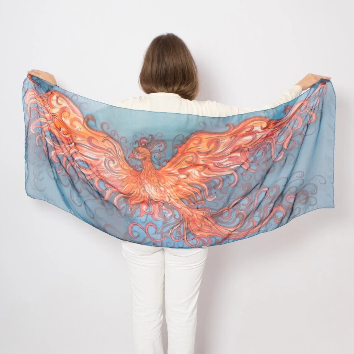 Phoenix Wings Hand Painted Blue Silk Chiffon Scarf Wings Scarf Large Silk Scarf