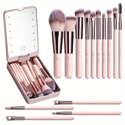 Ladies 14 Pieces Makeup Brushes Storage Set Rechargeable Led Mirror 4 Colors Kit