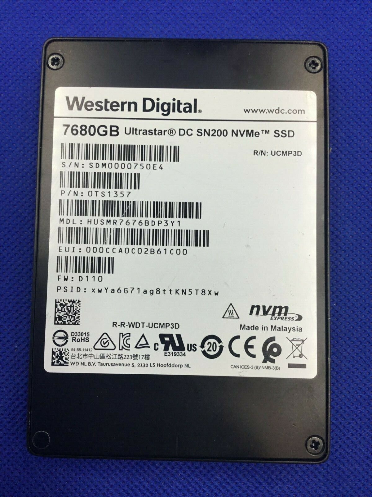 HUSMR7676BDP3Y1 Western Digital Ultrastar HGST DC SN200 NVMe PCIe 7.68TB 2.5 SSD