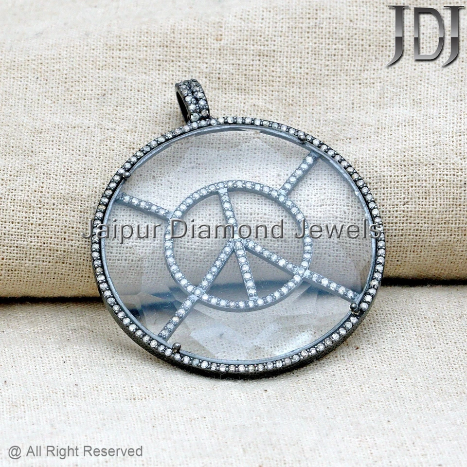 PEACE Sign Charm Natural Pave Diamond Crystal Gemstone 925 Silver Unisex Pendant - Image 3 of 4