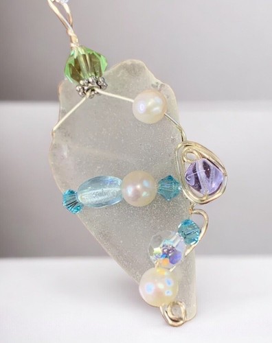 Authentic Atlantic City Ocean White Sea Glass pearl pendant necklace 28” - Picture 2 of 15