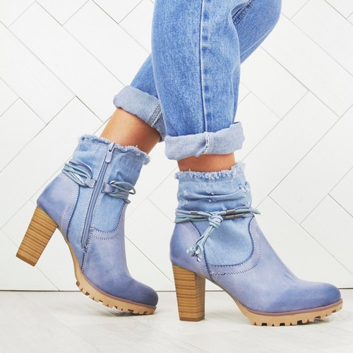 MUJERES DAMAS TACÓN BLOQUE TOBILLO DISEÑO DENIM MODA AGARRE SUELA BOTAS ZAPATOS TALLA - Imagen 11 de 23