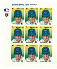 St. Vincent 1989 - Baseball Nolan Ryan - Sheet of 9 Stamps - Scott #1276 - MNH