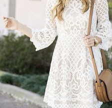 Eliza J White Lace Fit & Flare Knee Length Dress 3/4 Bell Sleeve Floral Size 10