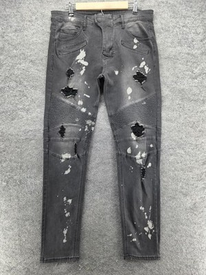 KDNK Jeans Mens 35x32 Gray Moto Distressed Paint Splatter Denim Skinny Stretch