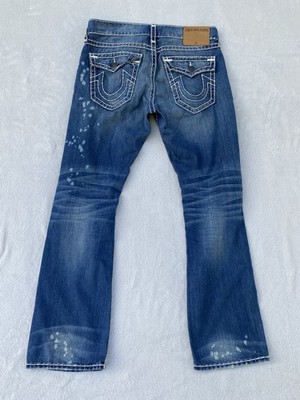 Mens True Religion Jeans Ricky Relaxed Straight Flap Pocket Distressed Blu sz 34