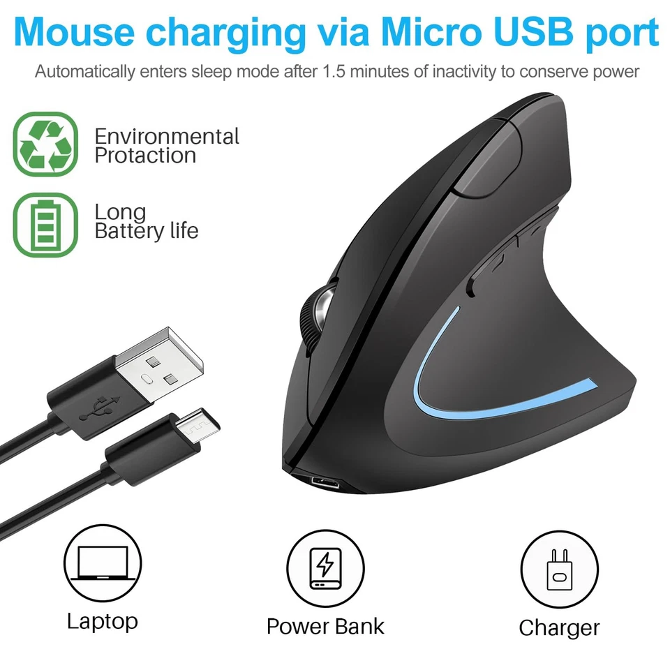 Vertical Ergonomic Mouse, Rechargeable, 2.4G, BT, USB C, 1600DPI, 6 Button - Image 2 of 4