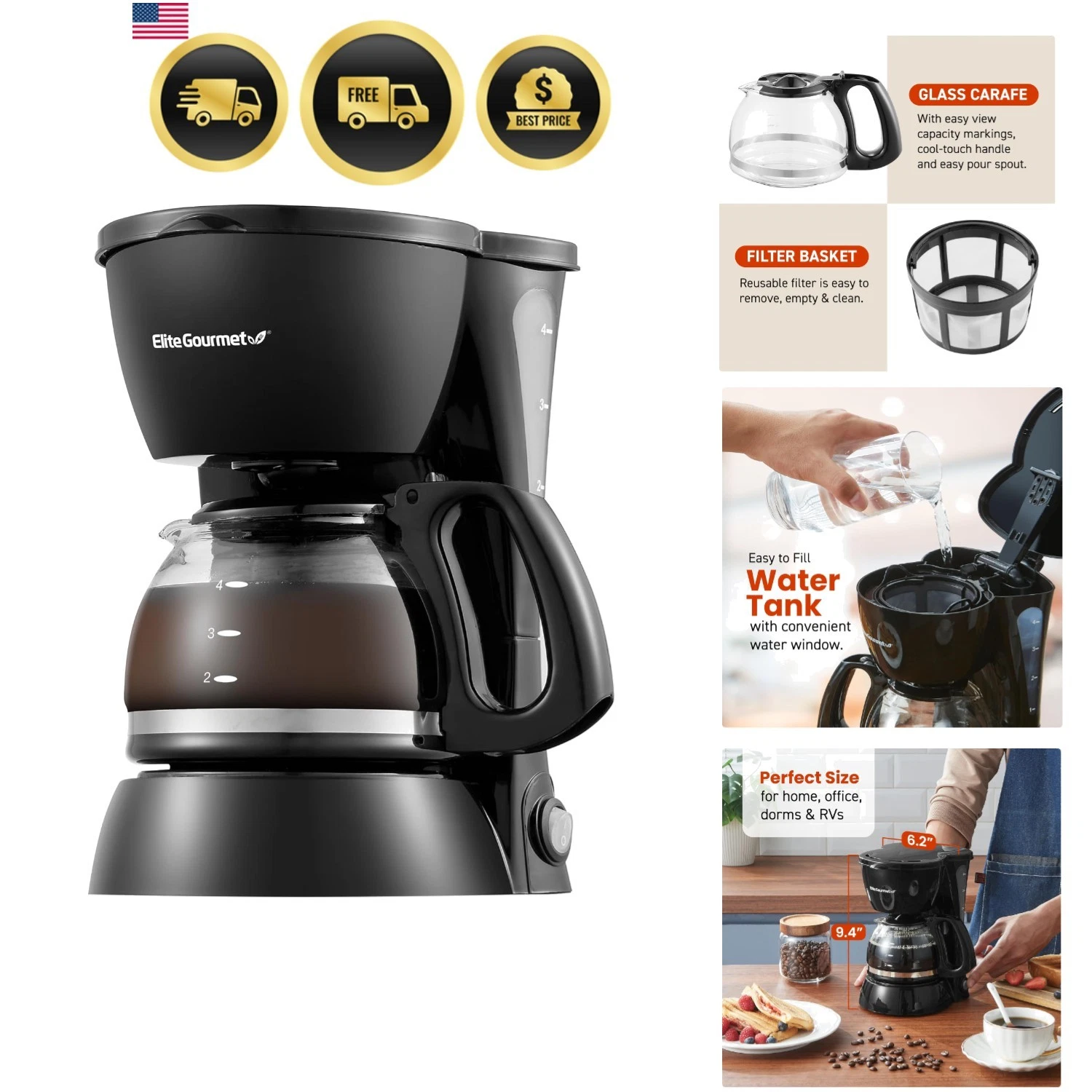 Automatic 4-Cup Brew & Drip Coffee Maker with Pause N Serve, Glass Carafe, Re...