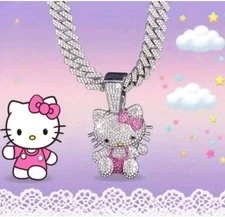 Sanrio Hello Kitty Silver Bling Necklace Iced Out Cuban Chain Rhinestone Pendant